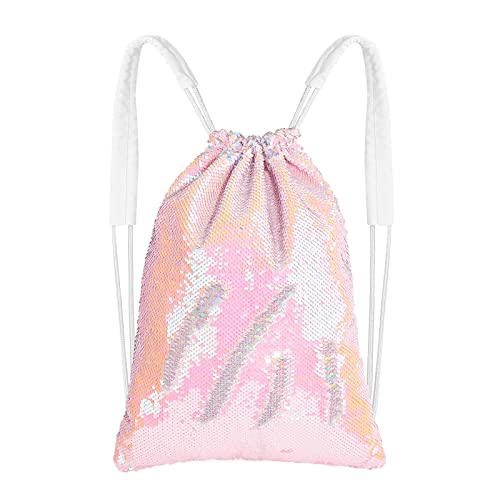 MHJY Sparkly Reversible Sequin Drawstring Backpack for Sports Gym Beach | Sparkly Reversible Sequin Mermaid Backpack With Creative DIY, Featuring Inside Pocket & Drawstring For Dance Swim - color: Mermaid Pink