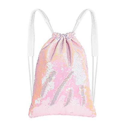MHJY Sparkly Reversible Sequin Drawstring Backpack for Sports Gym Beach | Sparkly Reversible Sequin Mermaid Backpack With Creative DIY, Featuring Inside Pocket & Drawstring For Dance Swim - color: Mermaid Pink