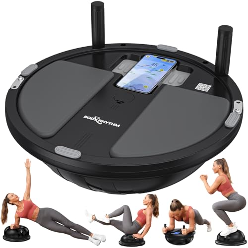 BODYRHYTHM 2 in 1 Balance Ball & Plank Board Trainer with Free iOS/Android App & 4 Free Games for Full Body Workout - Half Exercise Yoga Ball Trainer with 2 Bands & Pump for Strength Training - color: Black