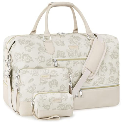 ITIEZY Weekender Bag for Women 21.5" Travel Duffel Large Carry On Bag 3PCS | Nylon Duffel Bag with Waterproof Shoe Compartment, Crossbody Bag and Toiletry Bag, Travel Weekend Hospital Overnight Gym Bag - color: 4-Beige Flower