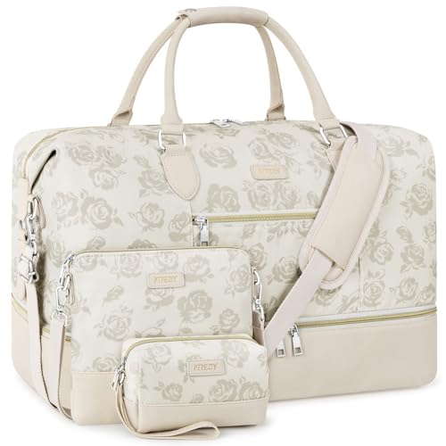 ITIEZY Weekender Bag for Women 21.5" Travel Duffel Large Carry On Bag 3PCS | Nylon Duffel Bag with Waterproof Shoe Compartment, Crossbody Bag and Toiletry Bag, Travel Weekend Hospital Overnight Gym Bag - color: 4-Beige Flower