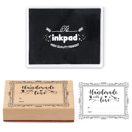 EYxsaxenk Handmade with Love Gift Tag Fabric Name Stamp with Black Ink Pad | 3x4 inch Wooden custom stamp, Washable personal fabric label gift sign for clothes, quilt, Christmas gift wrapping decoration - color: Black