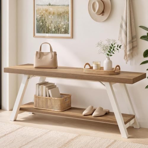 LVB Entryway Bench with Storage, Wood Bench for Entryway, 47 in - color: White and Rustic Oak