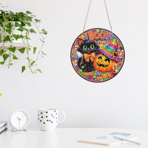 Boo Pumpkin and Cat Halloween Diamond Art Painting Kits for Adults Beginners Hanging Pendant, DIY 5D Special Shaped Diamond Painting Kits Ornament for Gift Home Wall Door Decor 8×8 Inch, Halloween - color: XSL067