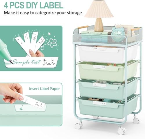 SYKIARIOL 4-Drawer Rolling Storage Cart with Mesh Top,Green | Utility Craft Organizer Cart on Wheels with 4 DIY Labels, Rolling Drawer Cart for Home Office Classroom Bedroom - color: Gradient Green