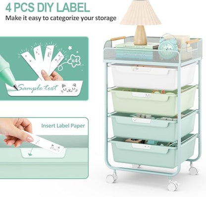 SYKIARIOL 4-Drawer Rolling Storage Cart with Mesh Top,Green | Utility Craft Organizer Cart on Wheels with 4 DIY Labels, Rolling Drawer Cart for Home Office Classroom Bedroom - color: Gradient Green