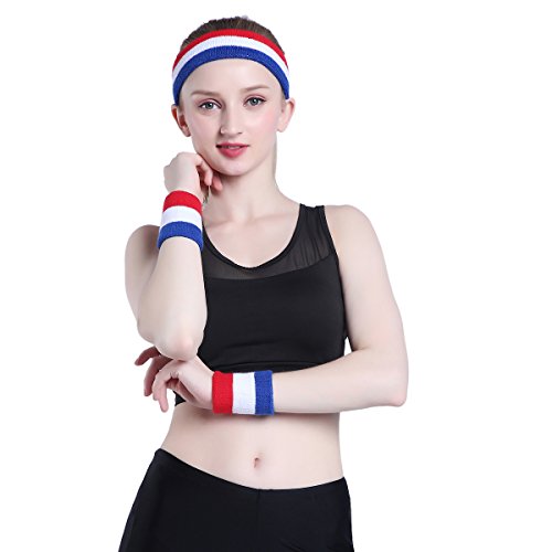 ONUPGO Sweatband Set Sports Headband Wristband Set Sweatbands Terry Cloth Wristband Wrist Sweatband Headbands Moisture Wicking Sweat Absorbing Head Band - color: Black Red Yellow