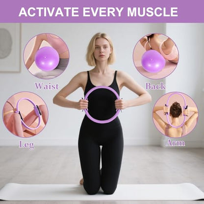 Pilates Ring Set with Resistance Bands– Anti-Slip Magic Circle Pilates Ring for Home Workouts, Full-Body Toning, Strength Training for Women 14PCS - color: Purple