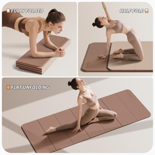 PAIDU Foldable Yoga Mat 10MM Thick SGS Certified TPE 75x26" Portable | Non-slip, extra thick & wide, foldable & portable. Ideal for yoga, Pilates & home gym workouts. - color: Brown + apricot