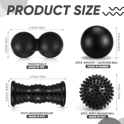Lewtemi 6 Pack Massage Ball & Foot Roller with Spiky Lacrosse Peanut Massage Roller for Muscle Foot Arch Pain Deep Tissue Relieve Plantar Fasciitis
