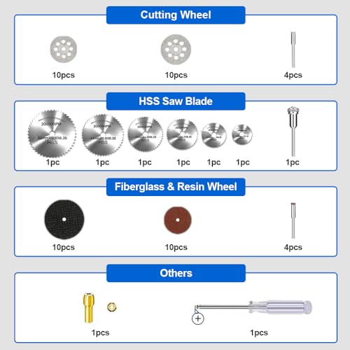 Cutting Wheel Set Compatible with Rotary Tool with 1/8" Shank, 545 Diamond Cut-Off Wheel 20 pcs, HSS Saw Blade 6pcs, Fiberglass Cutting Wheel 10pcs, Resin Cutting Discs 10pcs,1 Screwdriver,1 Collet