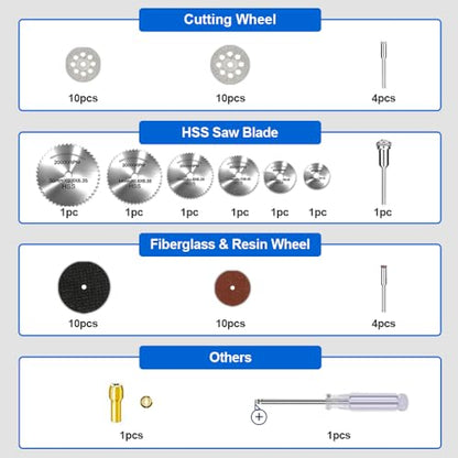 Cutting Wheel Set Compatible with Rotary Tool with 1/8" Shank, 545 Diamond Cut-Off Wheel 20 pcs, HSS Saw Blade 6pcs, Fiberglass Cutting Wheel 10pcs, Resin Cutting Discs 10pcs,1 Screwdriver,1 Collet