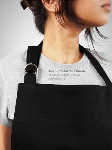 100% Cotton Kitchen Apron with 2 Pockets – Adjustable Chef Apron for Cooking Baking BBQ – Unisex Apron - color: Jet Black