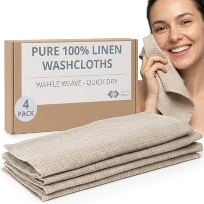 Pure Linen Washcloths for Bathroom 10x10-inch 4-Pack Waffle Weave Quick Dry - color: Natural Linen, size: Washcloths