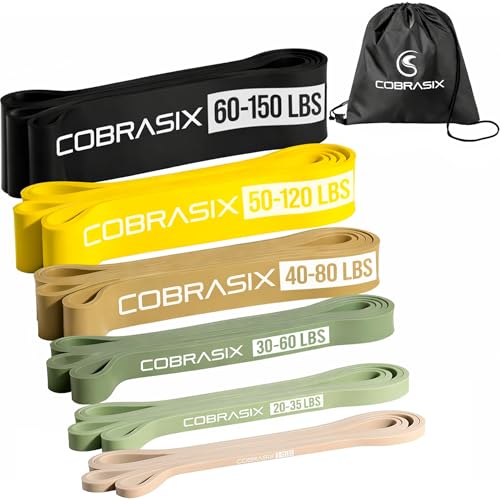 COBRASIX Long Resistance Bands for Working Out | Set of 6 Exercise Bands for Full-Body Training | Pull Up Bands for Home Gym with Handles, Door Anchor and Bar Options | for Men & Women