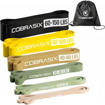 COBRASIX Long Resistance Bands for Working Out | Set of 6 Exercise Bands for Full-Body Training | Pull Up Bands for Home Gym with Handles, Door Anchor and Bar Options | for Men & Women