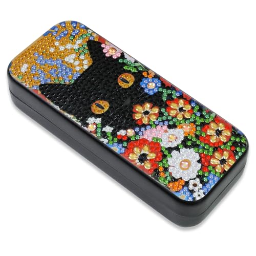 FlyingMage 5D Diamond Art Painting Kit for Adults Beginner, Small DIY Diamond Dots Gem Art Painting Mosaic Kits, Cute Hard Shell Sunglasses Eyeglasses Glasses Case for Women Teen, Flower Cat - color: Orange Cat