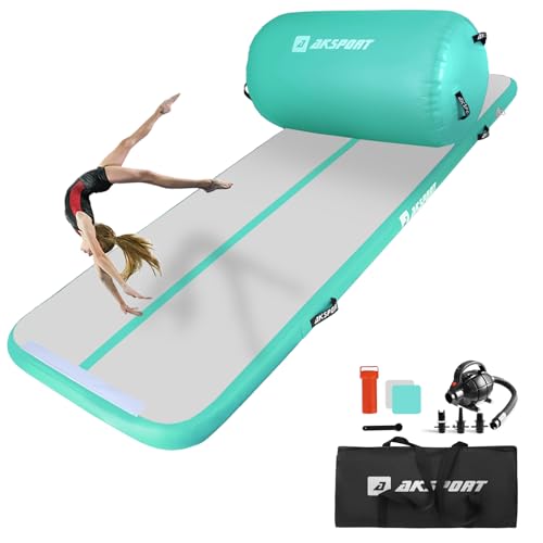 AKSPORT Air Roller Gymnastics Air Barrel for Backbends and Back Handsprings Exercise Training with Electric Air Pump for Home Use/Yoga/Cheerleading/Tumbling/Back Walkovers - color: Mint Green, size: 118inx39.4inx4in & 39inx23.6in（Diam)