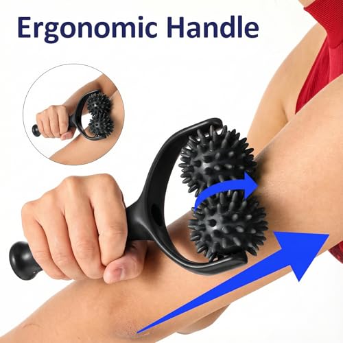 Handheld Spiky Massage Balls Rollers, 2 Wheel Spiky Silicone Manual Massage Roller with Ergonomic Handle, Portable Pressure Point Muscle Massages Tool for Foot Arm Body Neck Leg Pain Pressure Relief - color: Black
