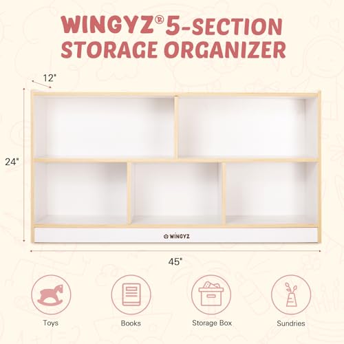 WINGYZ Montessori Shelf, 5-Section Wooden Storage Cabinet, FSC Safety 45" L - size: 43.3"D x 12"W x 24"H