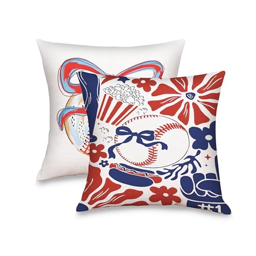 Baseball Coquette Pillow Covers Set of 2, 18x18 inches Double-Sided Aesthetic Bow Throw Pillows, Soft Flannel Decorative Cushion Case for Softball Mom Girls Bedroom Couch Decor, Sports Theme Gifts - color: White52