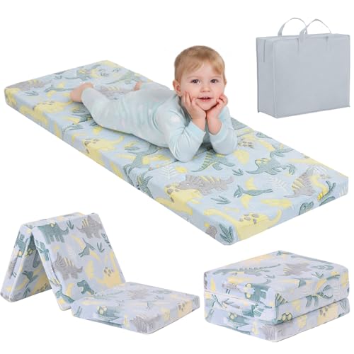 Tiita Foldable Floor Mattress for Kids-Glow in The Dark Toddler Nap Mat with Storage Bag, Portable Toddler Floor Pad for Travel, Daycare, Camping, RV, Playroom, Green Dinosaur - color: Green Dinosaur, size: 57"L x 22"W x 3"Th