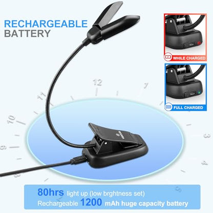 Vekkia 14 LED Rechargeable Book Light for Reading at Night | Eye-Care Reading Light for Books in Bed/180° Adjustable, Clip on Lamp/3 Color Temperatures, Lightweight - color: Jet Black