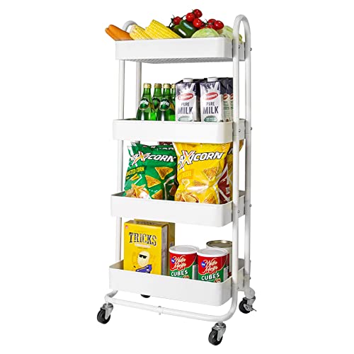 elabo 4-Tier Rolling Cart with Wheels, Metal Storage Services Cart, White - color: White