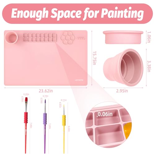 Silicone Painting Mat, 23.6x15.8in Art Drawing Mat with Brushes | For children DIY art watercolor clay use, table protection craft mat, painting station with cup palette cleaning cup, pink - color: Pink