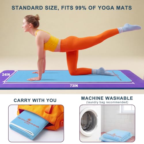 Upgraded Yoga Mat Towel with Bonus Grip Socks, Elegant Embroidered - color: Sky Blue