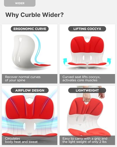 curble Wider 2 Pack – Ergonomic Desk Chair Seat Cushion, Everyday Passive Posture Trainer for Work from Home, Office & Car, Breathable Lumbar Support (Red) - color: 2 Pack Red