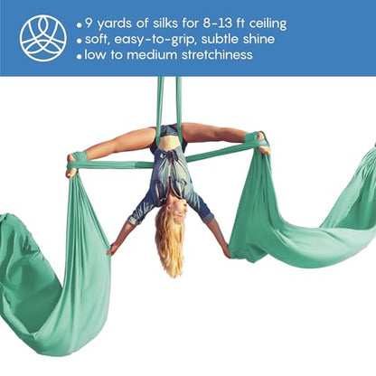 Aerial Silks Starter Kit, 9 Yards, Aerial Yoga Hammock, Hardware | Knitted fabric with pose guide, for aerial yoga, gymnastics, silk swing, stretching and home gym use, suitable for all levels - color: Aqua