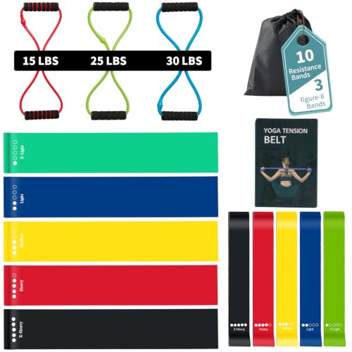 13 Pcs Resistance Bands Set,5 Multi-level Exercise Bands,5-color Resistance loop Bands, and 3 Pcs Figure 8 Fitness Resistance Bands with Handles for Indoor and Workout,Outdoor,Pilates and Yoga