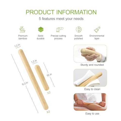 4PCS Solid Bamboo Massage Sticks & Guasha Set with Roller/Stick - 100% Bamboo Therapy Tools for Neck/Arm/Back/Legs/Full Body, Deep Tissue Massage, Muscle Relaxation, Body Shaping, Fatigue Relief