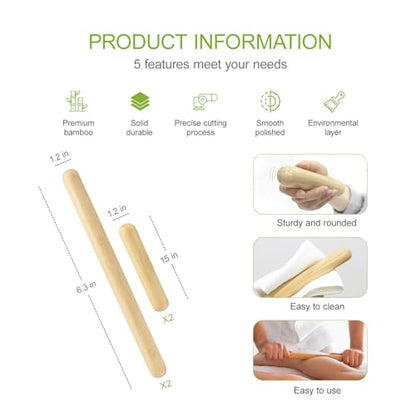 4PCS Solid Bamboo Massage Sticks & Guasha Set with Roller/Stick - 100% Bamboo Therapy Tools for Neck/Arm/Back/Legs/Full Body, Deep Tissue Massage, Muscle Relaxation, Body Shaping, Fatigue Relief