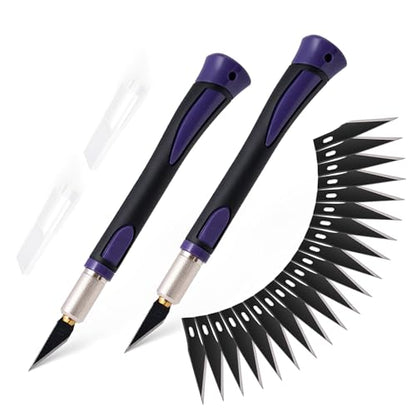 FOSHIO Precision Exacto Knife Set, 2 Pack Craft Knife with Extra 20 Exacto Blades, Hobby Knife Set with Protective Cover Rubber Handle for Crafts, Arts, Stencil, Modeling, Trimming, Carving (Purple) - color: Purple