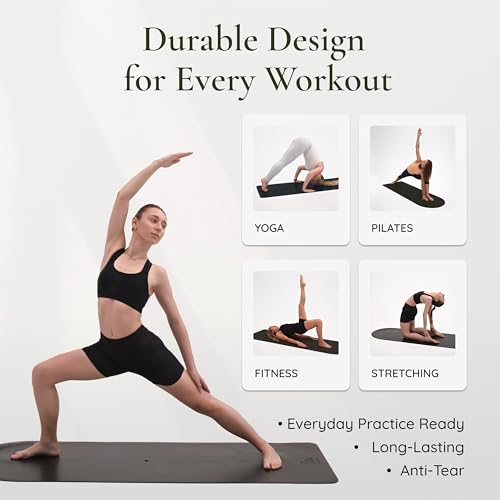 Premium PU Yoga Mat | Sweat-Activated Non-Slip Grip | Natural Rubber Base | Arch-Shaped Design with Carry & Stretch Strap | For Yoga, Pilates & Stretching & Workouts - color: charcoal black