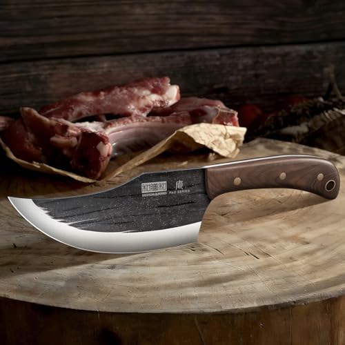 HOSHANHO 8PCS Butcher Kitchen Knife Set, Sharp Magnetic Knife Block Set | Hand Forged High Carbon Stainless Steel Chef Knives Set with Meat Cleaver Knife & Bone Chopper Knives Gift for Men - size: 6"