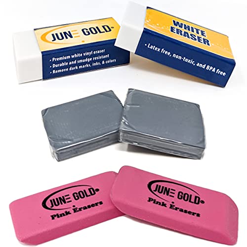 June Gold 15 Piece Art Eraser Set, White, Pink, Kneaded, and Retractable | 3 White Vinyl (Firm), 3 Pink Rubber (Medium), 3 Kneaded (Soft), 3 Retractable (Precision), & 3 Retractable Refills