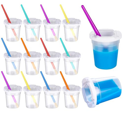 YGAOHF 12 Packs No Spill Paint Cups with Lids for Kids Toddlers, Large Paint Water Cup with 12 Pcs Paint Brushes, Arts and Crafts Supplies