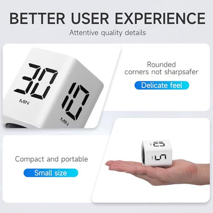 Productivity Timer, 1, 5, 10, 30, 60 Minute Presets, Desk Cube Timer | Gravity sensor, mute and vibration modes; ADHD-friendly for work, study, kitchen and back to school - color: White