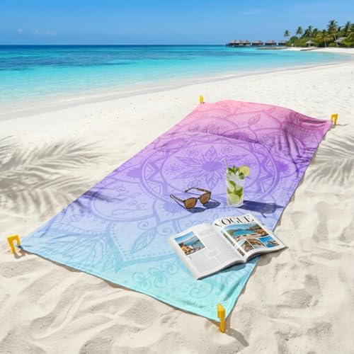 YunTu Bohemia Oversized Sandproof Beach Towel Blanket with Detachable Pillow & 4 Wind Anchors and Pocket, Extra Large Microfiber Mandala Beach Mat for Travel, Camping, Hiking(Mandala 4) - color: Mandala 4