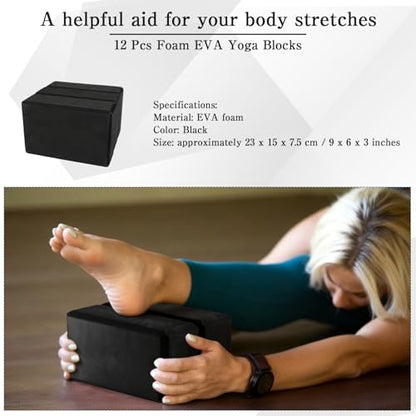 12 Pcs Foam Eva Yoga Blocks Bulk Yoga Supportive Blocks Black Non Slip Lightweight Bricks Prop Accessories for Men Women Beginners Meditation Pilates and Stretching