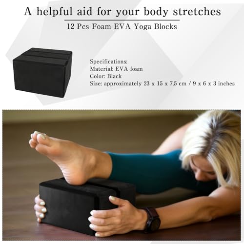 12 Pcs Foam Eva Yoga Blocks Bulk Yoga Supportive Blocks Black Non Slip Lightweight Bricks Prop Accessories for Men Women Beginners Meditation Pilates and Stretching