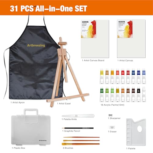 Artbreezing Acrylic Painting Kit with Art Easel,All-in-One Art Supplies | 31PC Painting Supplies with Canvas,Tabletop Easel for Painting,Brushes etc.Ideal Giftable Holiday Set for Kids and Adults.