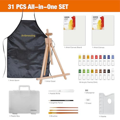 Artbreezing Acrylic Painting Kit with Art Easel,All-in-One Art Supplies | 31PC Painting Supplies with Canvas,Tabletop Easel for Painting,Brushes etc.Ideal Giftable Holiday Set for Kids and Adults.