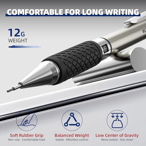 WUO 0.7 mm Mechanical Pencil Set with Eraser Pen Storage Case, 6 PCS | Metal Drafting Pencils, 360 HB Lead Refills, 3x4B Erasers, 12 Eraser Refills for School Artist Writing Drawing Sketching - color: Black 5 - 0.7mm (6 Pack)
