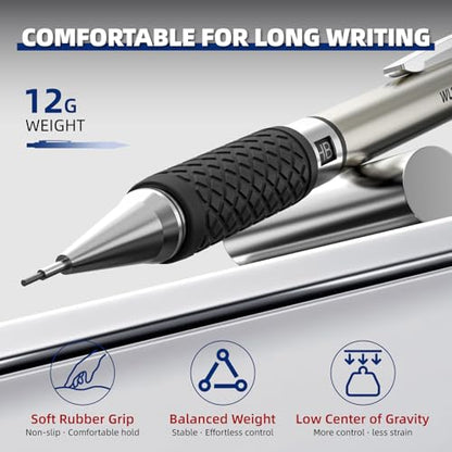 WUO 0.7 mm Mechanical Pencil Set with Eraser Pen Storage Case, 6 PCS | Metal Drafting Pencils, 360 HB Lead Refills, 3x4B Erasers, 12 Eraser Refills for School Artist Writing Drawing Sketching - color: Black 5 - 0.7mm (6 Pack)