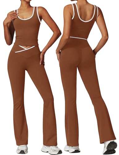 Womens Workout Sets 2 Piece Flare Leggings Contrast Top - color: Chocolate, size: X-Small