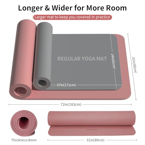 Extra Wide & Thick 8mm Yoga Mat, 72"x31.5" | Large Non Slip Exercise Mat, Premium POE Material, Superior Cushioning & Stability, With Strap for Home Gym, Pilates - color: Dull Pink